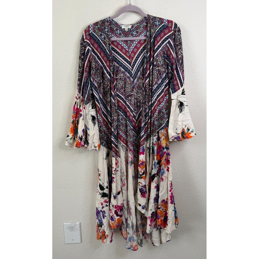 Umgee Boho Open Front Kimono Topper Sz M Floral Mixed Print Bell Sleeve Cover Up - Picture 3 of 6